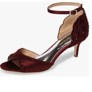 XYD Wine Open Toe Rhinestones Ankle Strap Sandals Low Heel Bridal Evening Shoes